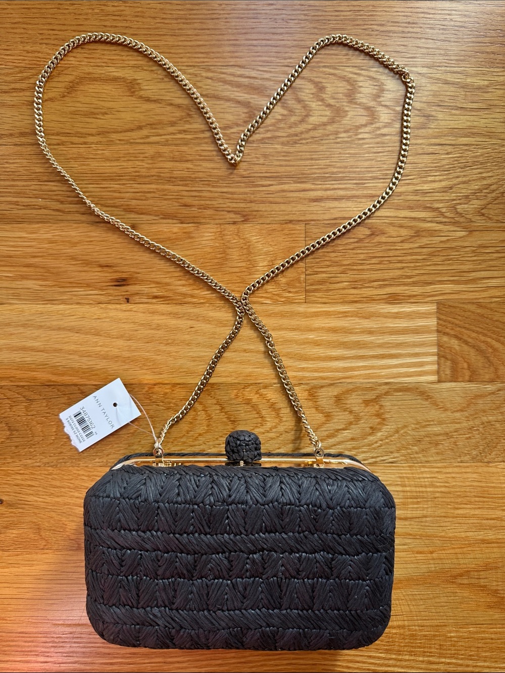 Ann Taylor Black Woven Box Clutch or crossbody with Gold Chain NWT elegant